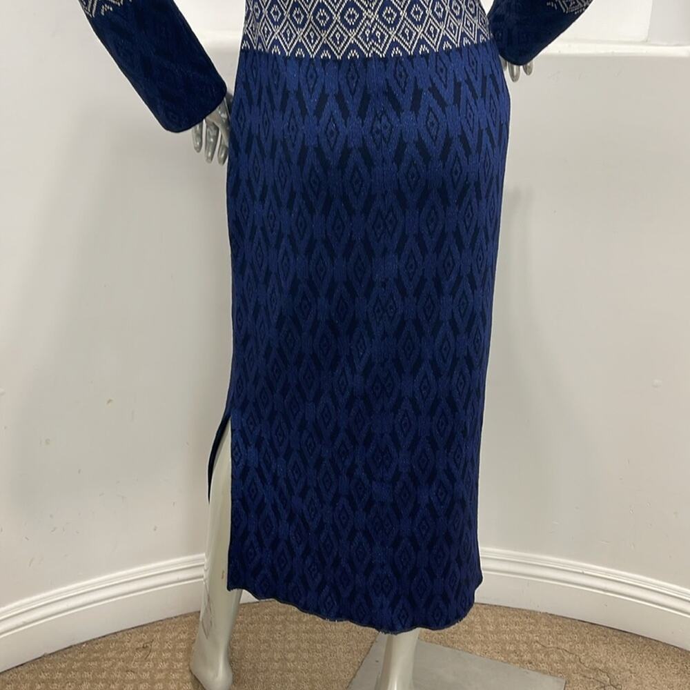 St. John Evening Diamond Jacquard Knit Maxi Dress Navy Blue Silver Long Sleeve 4 - Picture 12 of 14